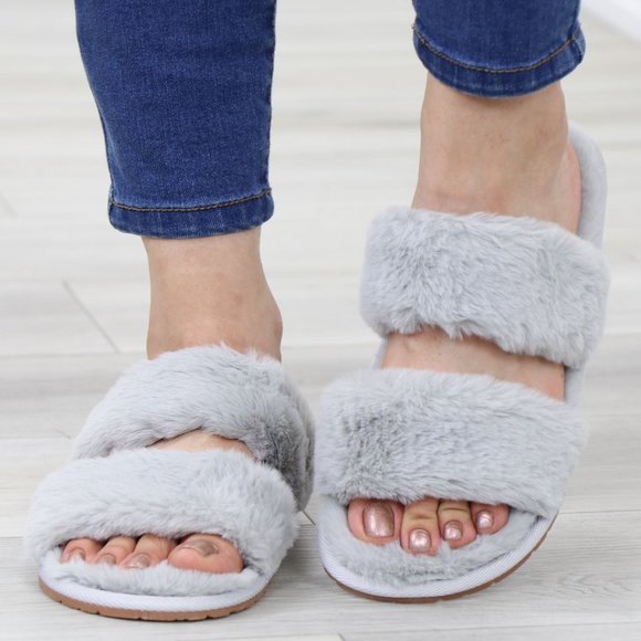 Shoes - Grey Puff Fuzzy Furry Fluffy Slip On Plush Slippers Double Strap
